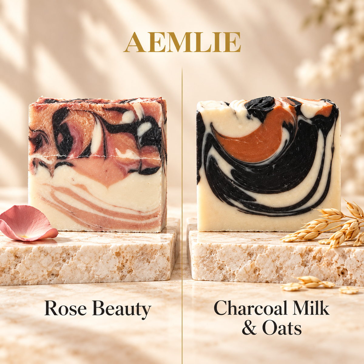 Aemlie: AEMLIE Rose Beauty soap on the left and Charcoal Milk & Oats soap on the right, displaying their distinctive marbled colours on pale stone stands.