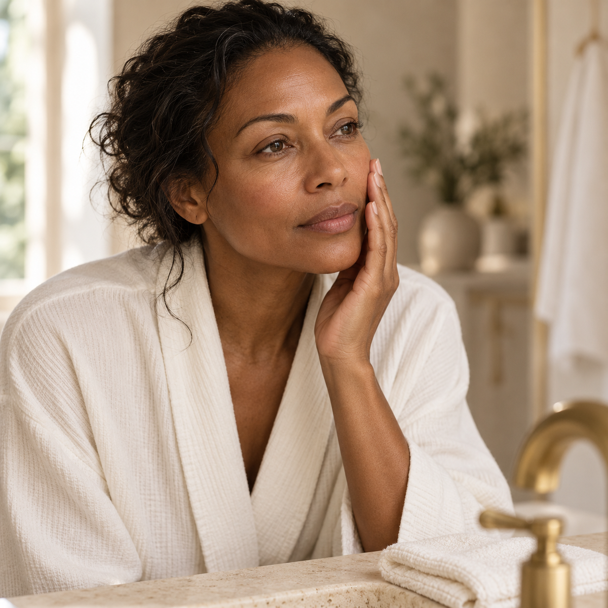 Aemlie: Woman in an ivory robe gently touching her cheek after cleansing, beside a pale stone vanity and folded face cloth.