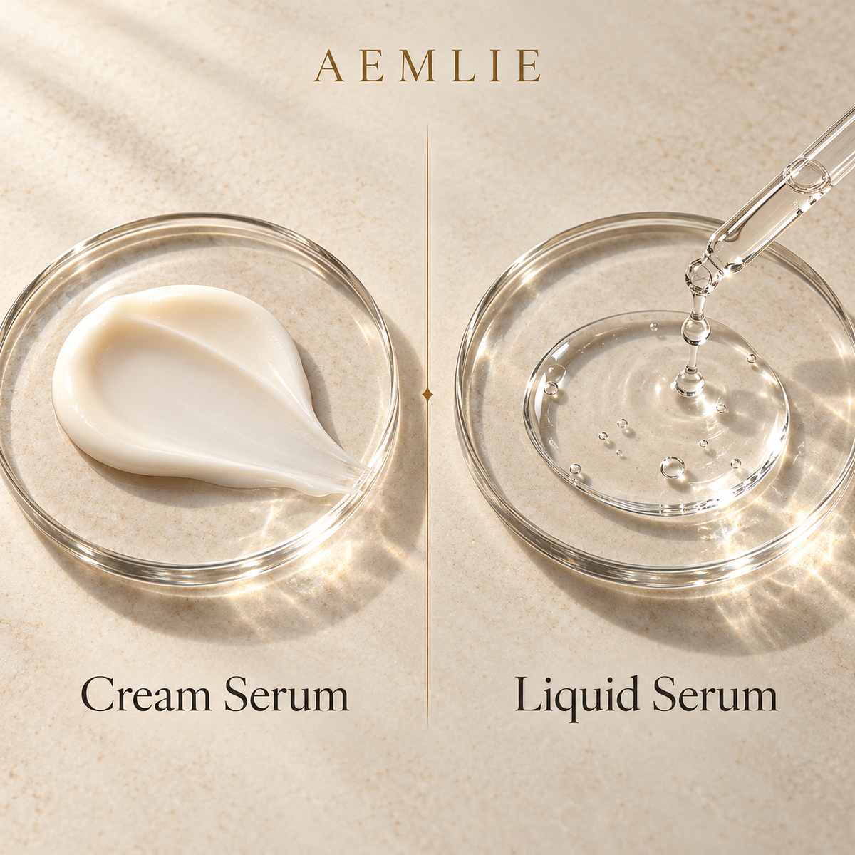 Aemlie: Ivory cream serum and clear liquid serum displayed side by side in glass dishes, with a pipette dispensing the liquid to highlight their different textures.