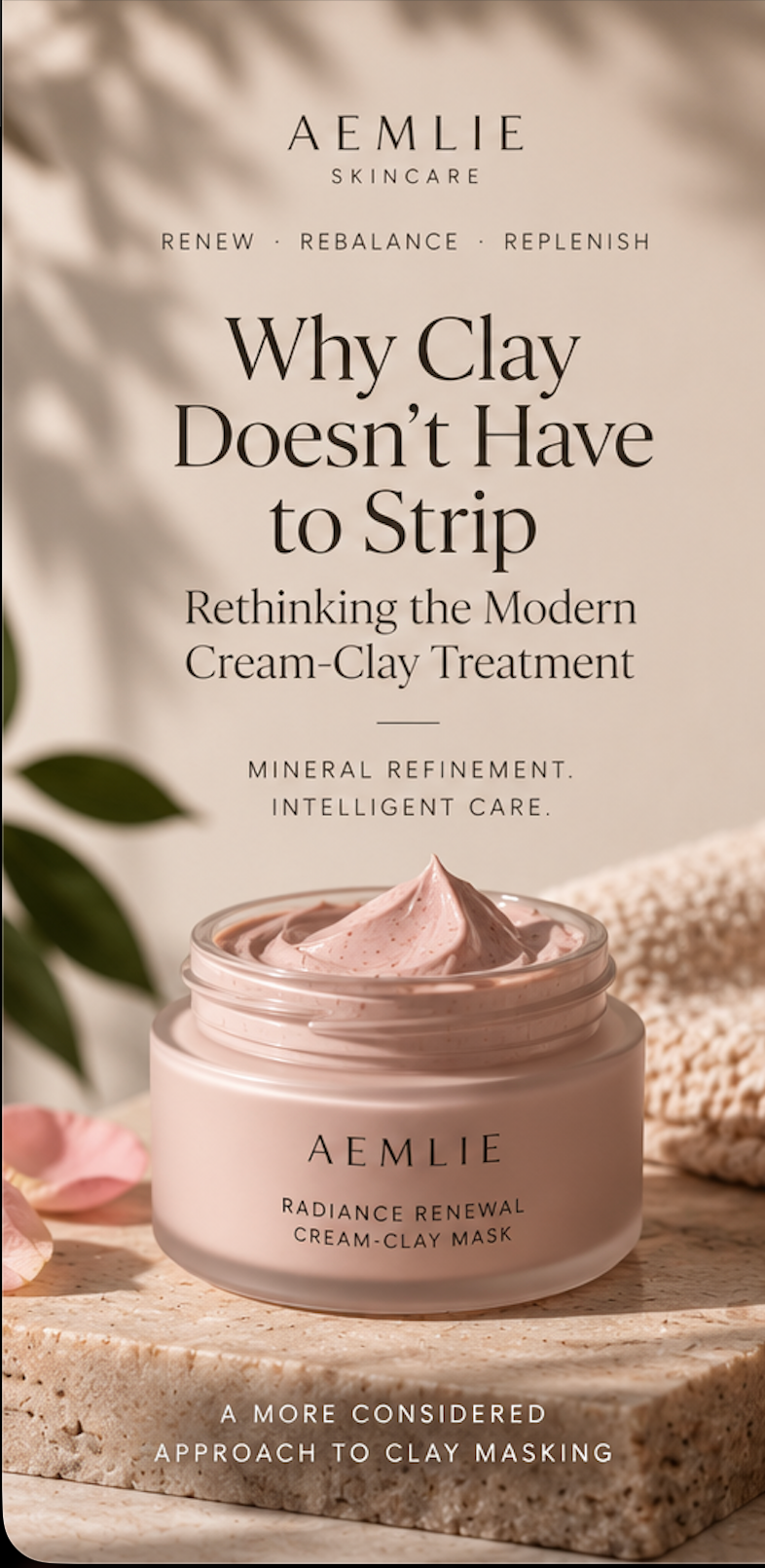 Light pink cream-clay skincare editorial for AEMLIE exploring a more considered approach to modern clay masking