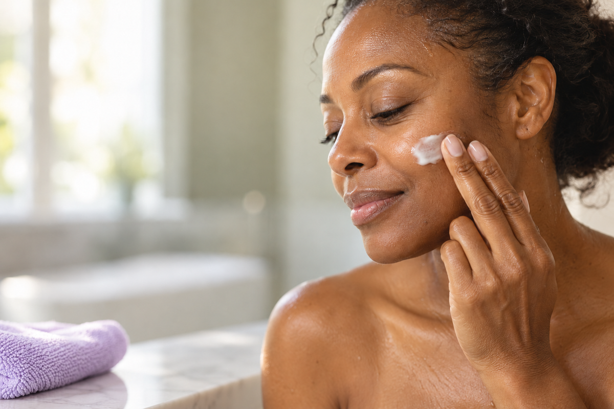 Aemlie: Woman gently applying moisturiser to her cheek after rinsing a face mask, beside a folded light-purple face cloth.