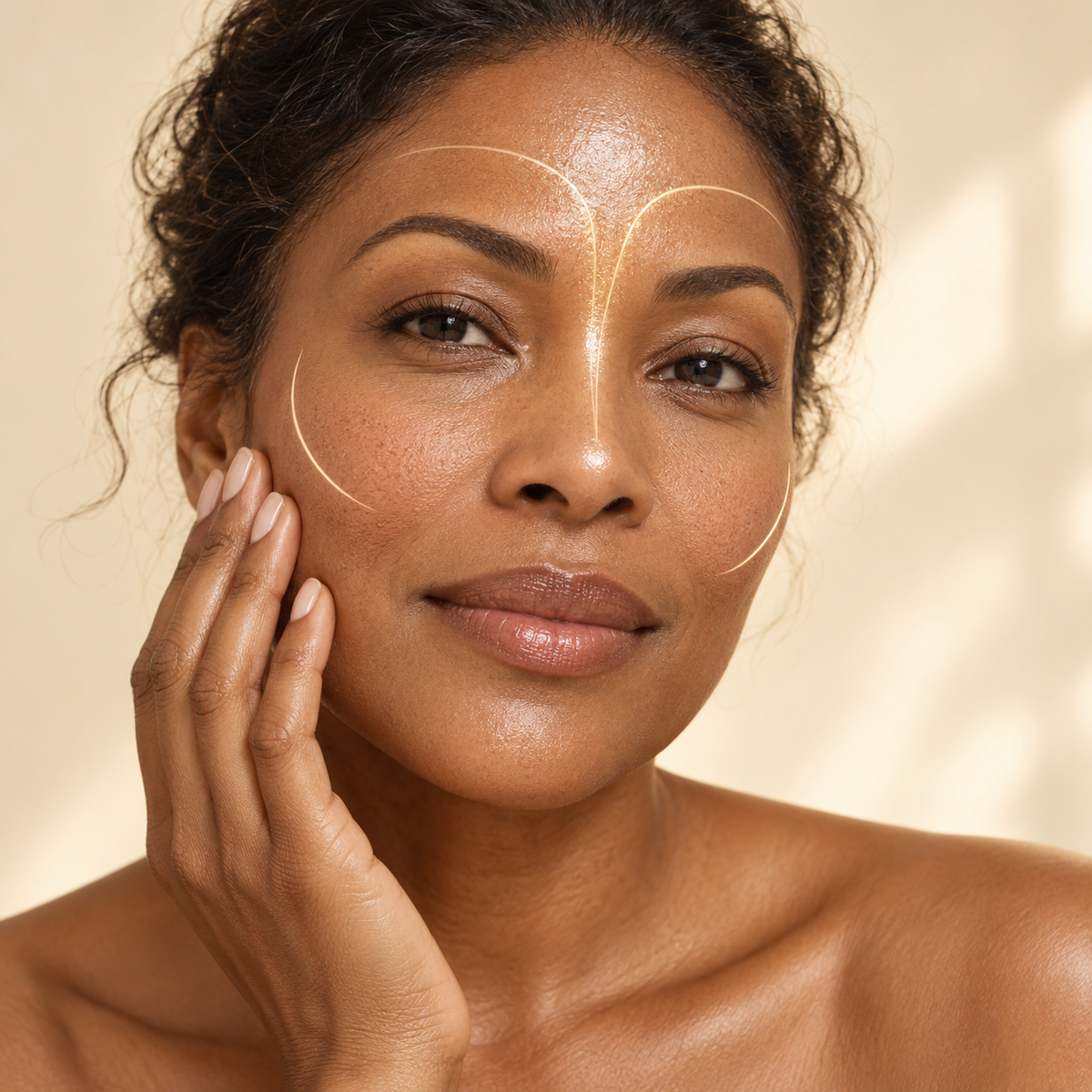 Aemlie: Woman gently touching her cheek, with fine gold lines highlighting the T-zone and cheeks to illustrate a two-zone skincare ritual.