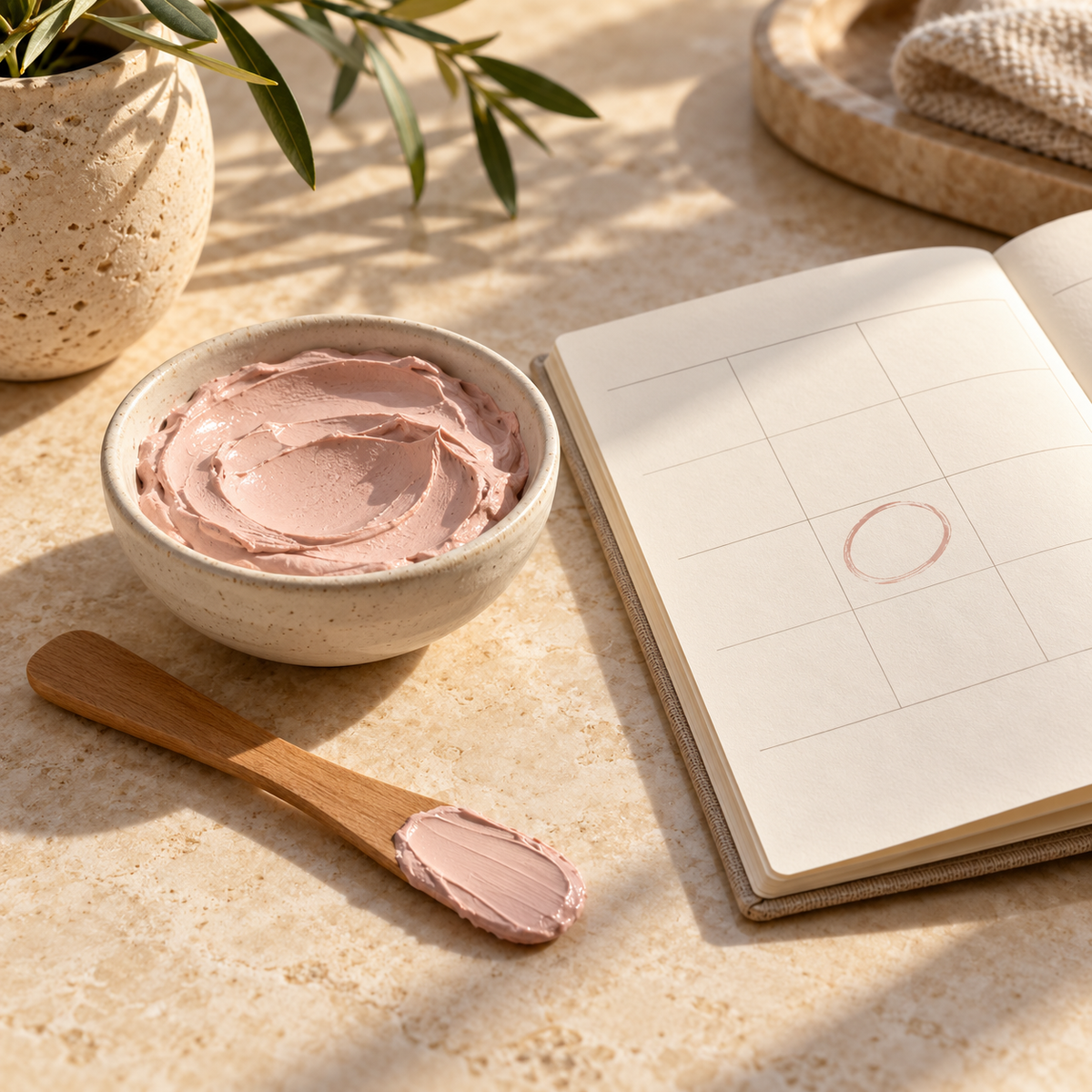 Pink cream-clay mask beside an open planner with a marked square for a skincare ritual