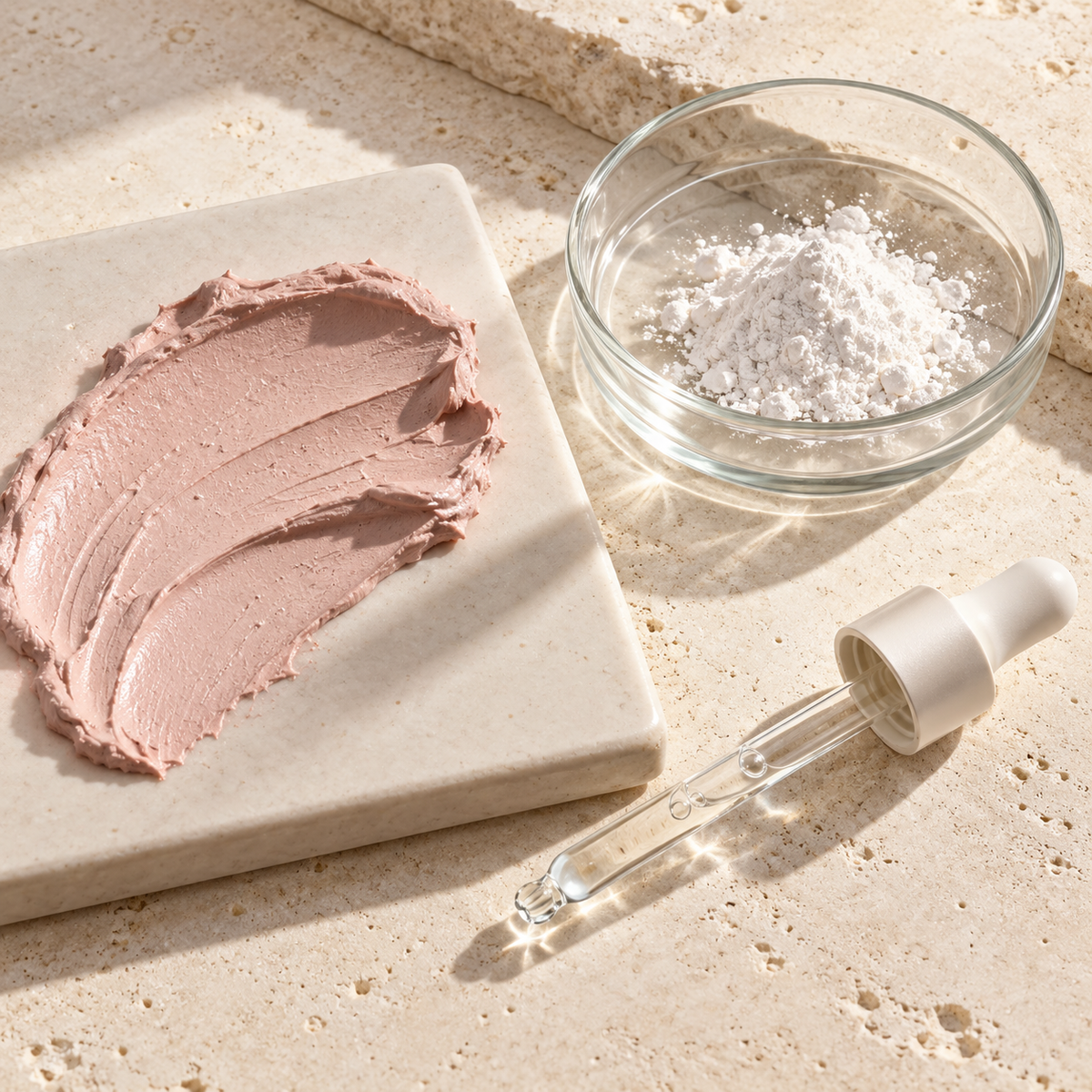 Pink cream-clay swatch beside white cosmetic ingredient powder and a glass dropper