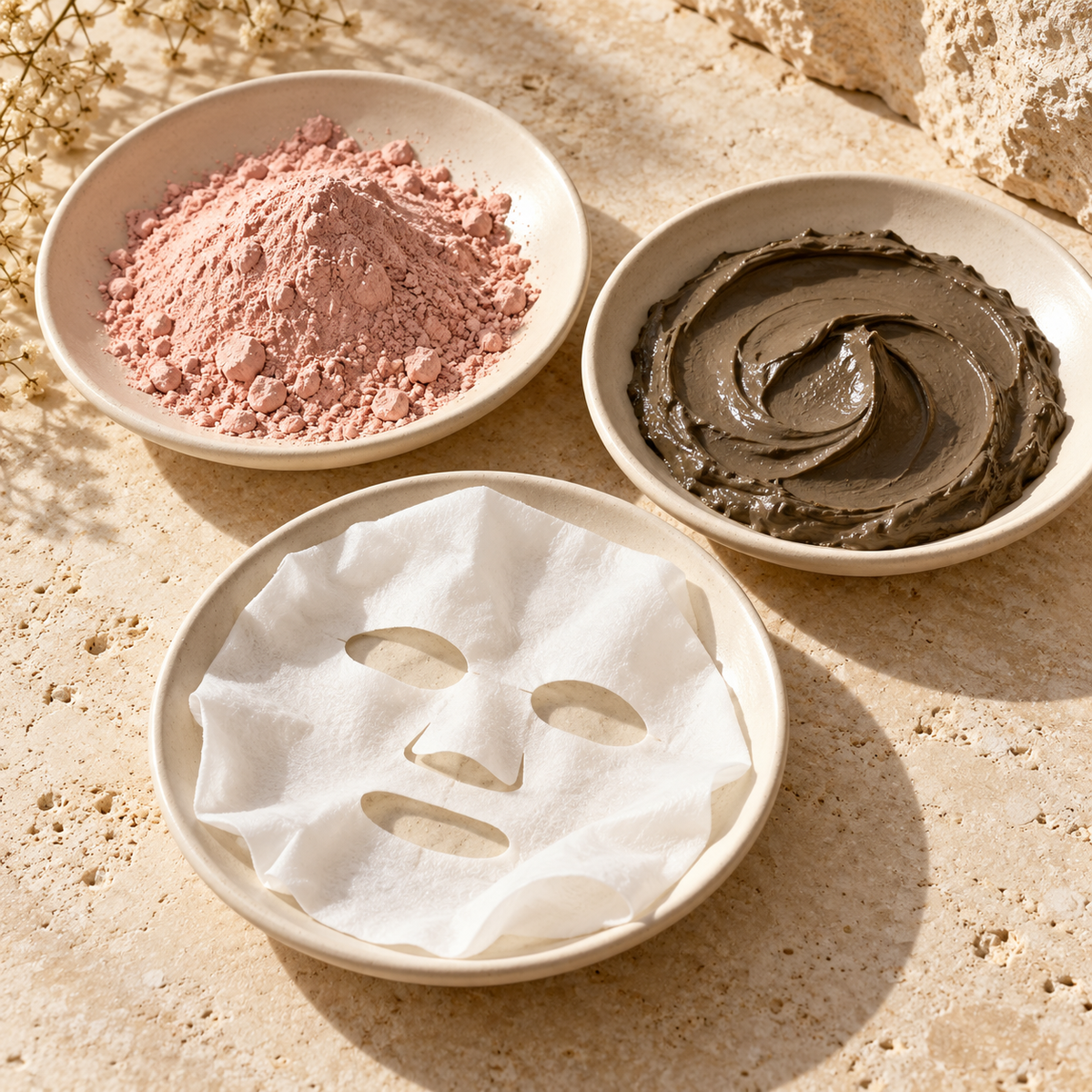 Pink clay powder, dark mineral mask paste and a white sheet mask in three ceramic dishes