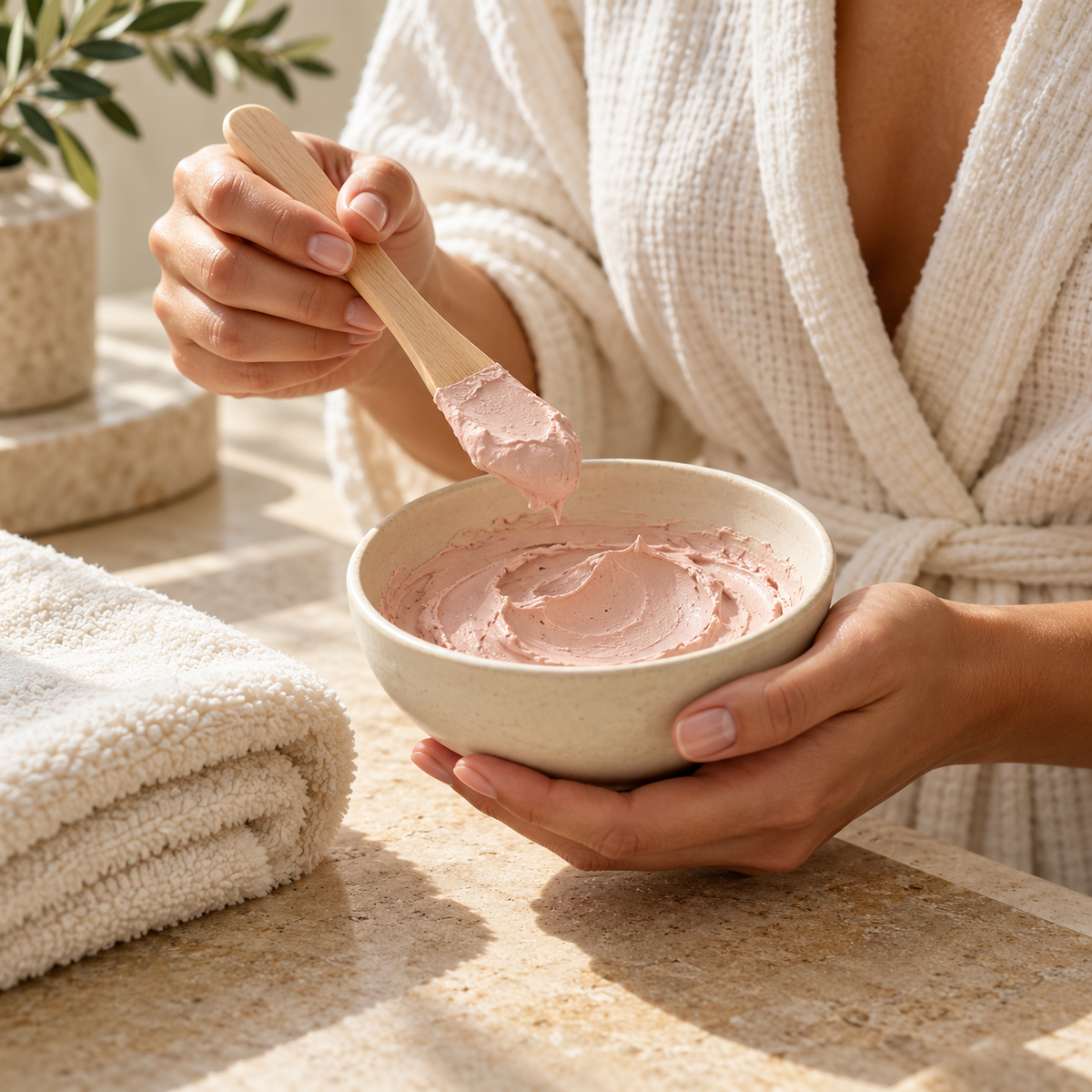 Hands holding a bowl of pink cream-clay mask and a wooden applicator beside an ivory towel