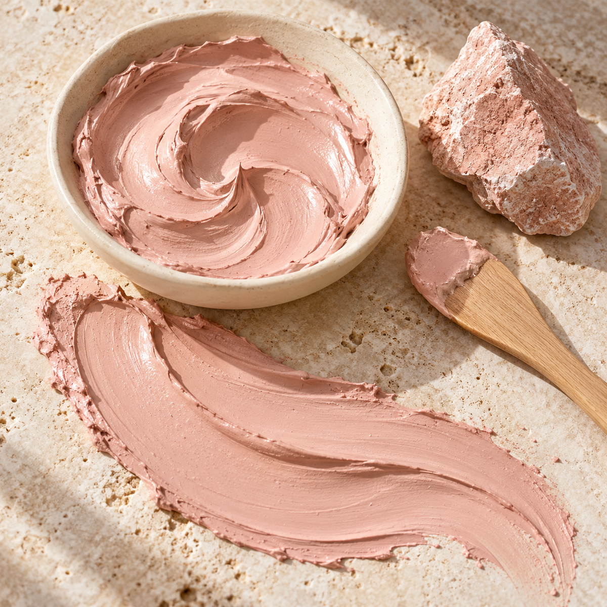 Pink cream-clay mask in an ivory ceramic bowl beside a clay stone and wooden applicator