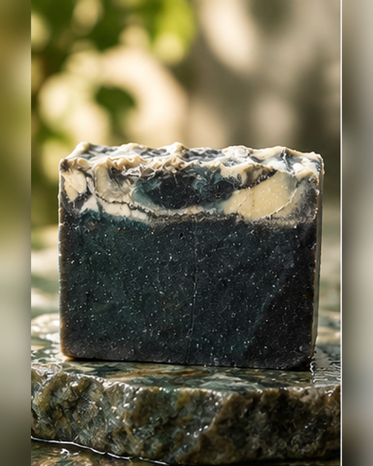 AEMLIE Laurel Bay & Aloe Handmade Bar Soap, unwrapped charcoal-dark bar with cream marbling on natural stone.