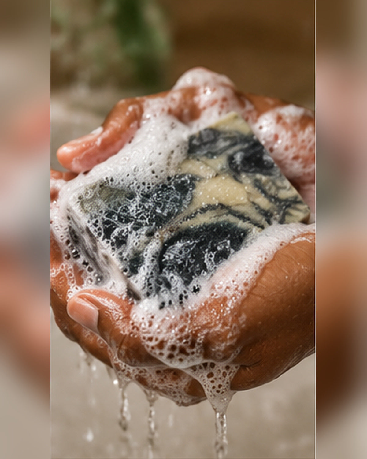 Hands lathering AEMLIE Laurel Bay & Aloe handmade bar soap in a cleansing ritual.