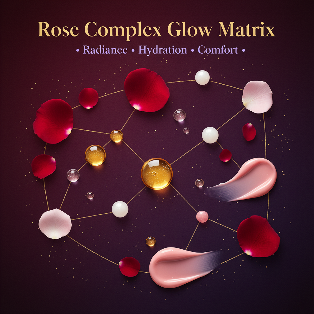 Cosmetic product with rose petals and textures on a dark background, featuring 'Rose Complex Glow Matrix' text.