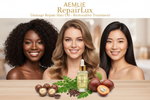 3 woman, black, white and asian smiling with title written in - AEMLIE RepairLux Damage Repair Hair Oil – Restorative Treatment with images of Macadamia, Moringa & Marula Oils