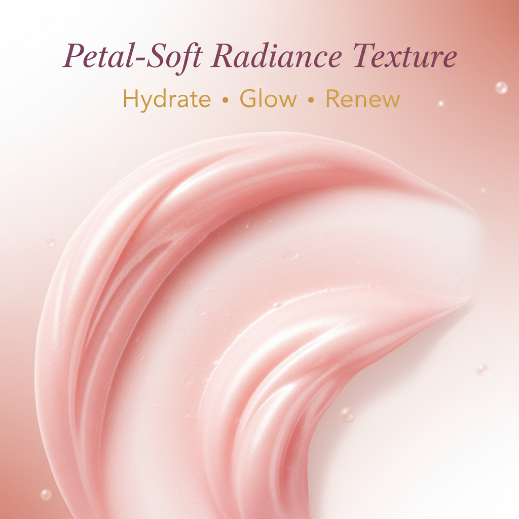 Pink skincare product with 'Petal-Soft Radiance Texture' text on a soft pink background