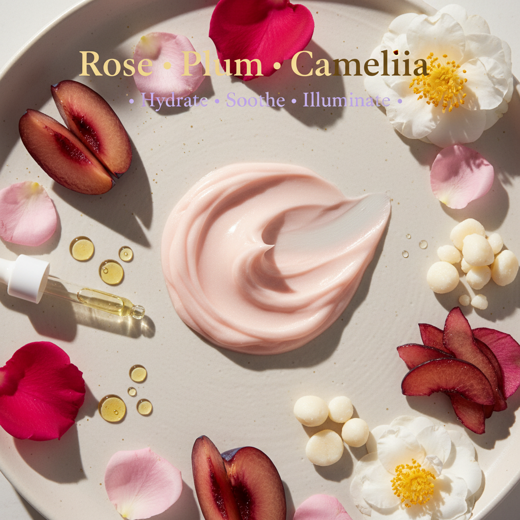 Pink cream with flowers and fruits on a beige plate, featuring 'Rose', 'Plum', and 'Camellia'.