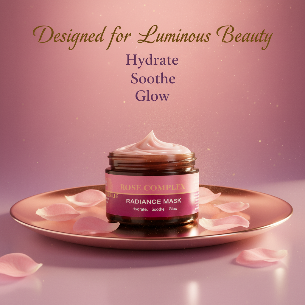 Radiance mask jar with rose petals on a pink background, featuring text about product benefits.