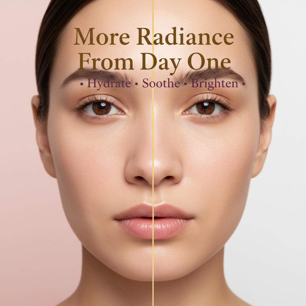 Woman's face split in half with text 'More Radiance From Day One' on a pink background