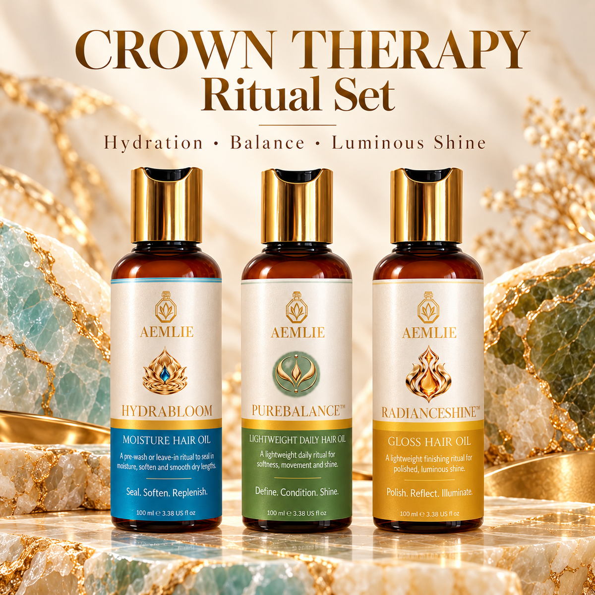 Trio A Crown Therapy Ritual Set – Moisture, Movement & Shine Hair Oil Collection