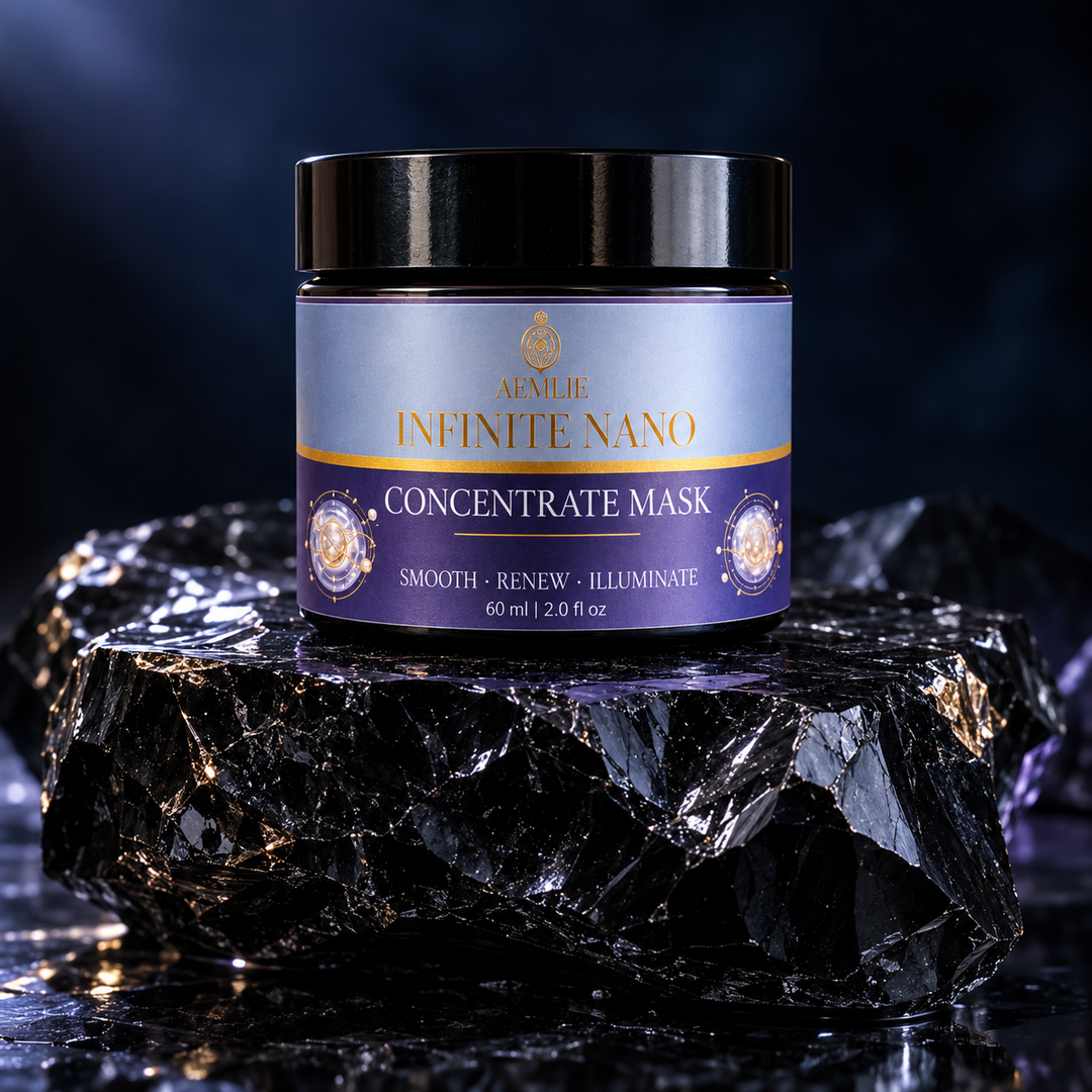 A jar of AEMLIE Infinite Nano Concentrate Mask sits on a polished black crystal against a dark, smoky blue background.