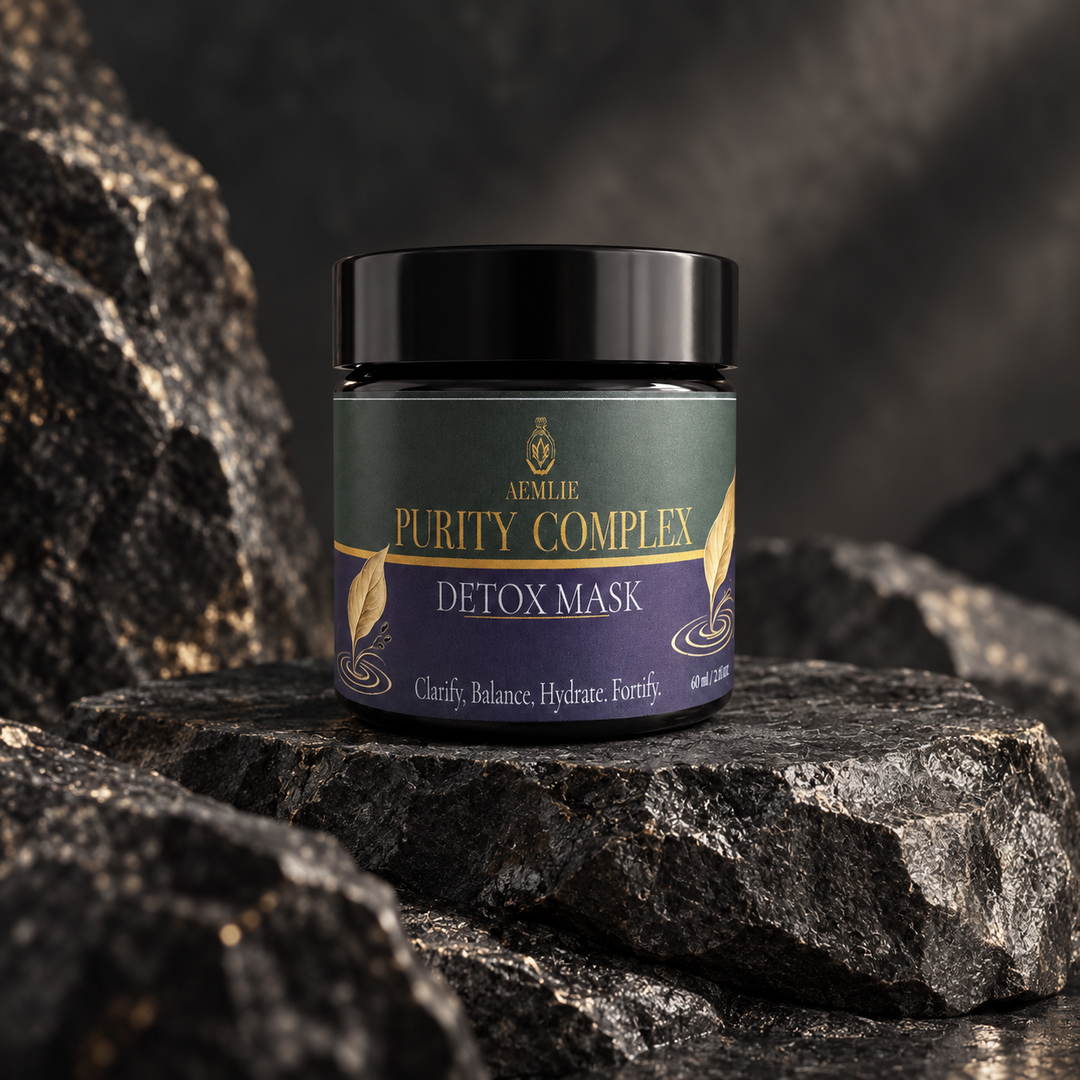 A jar of Aenarie Purity Complex Detox Mask sits on dark rocks. The product is in a dark jar with a black lid, featuring a label that is dark green on top and purple on the bottom, with gold lettering and decorative leaf motifs.