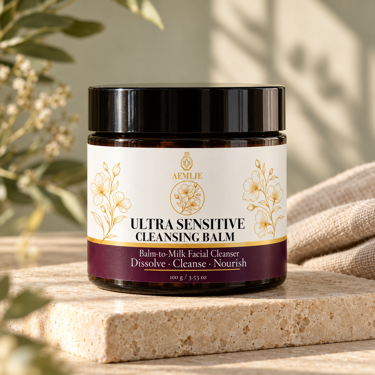AEMLIE Ultra Sensitive Cleansing Balm on a sage-toned background