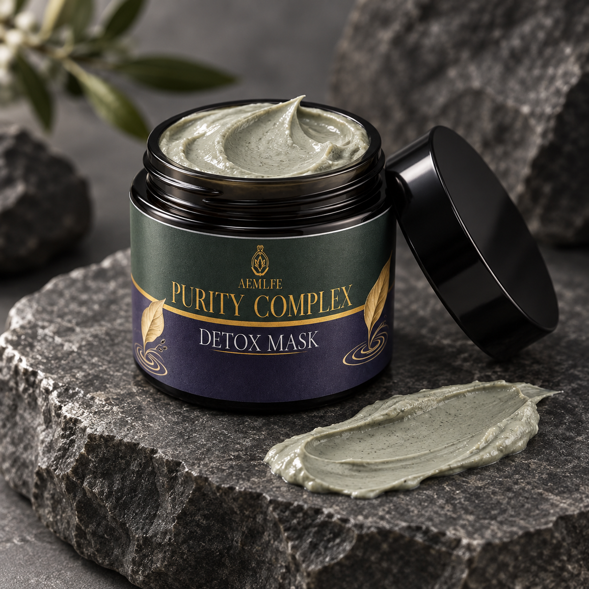 A jar of AEMiLife Purity Complex Detox Mask with its black lid leaning against it, set on a dark gray stone slab with a smear of the light green mask in front. The background consists of dark rocks and soft-focus green leaves.