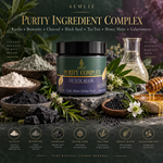 A jar of AEMLIE Purity Complex Detox Mask is centered in a styled botanical studio setup with bowls of loose ingredients, green leaves, flowers, a glass bottle, and honey. Text at the top and along the bottom lists ingredients and product benefits.
