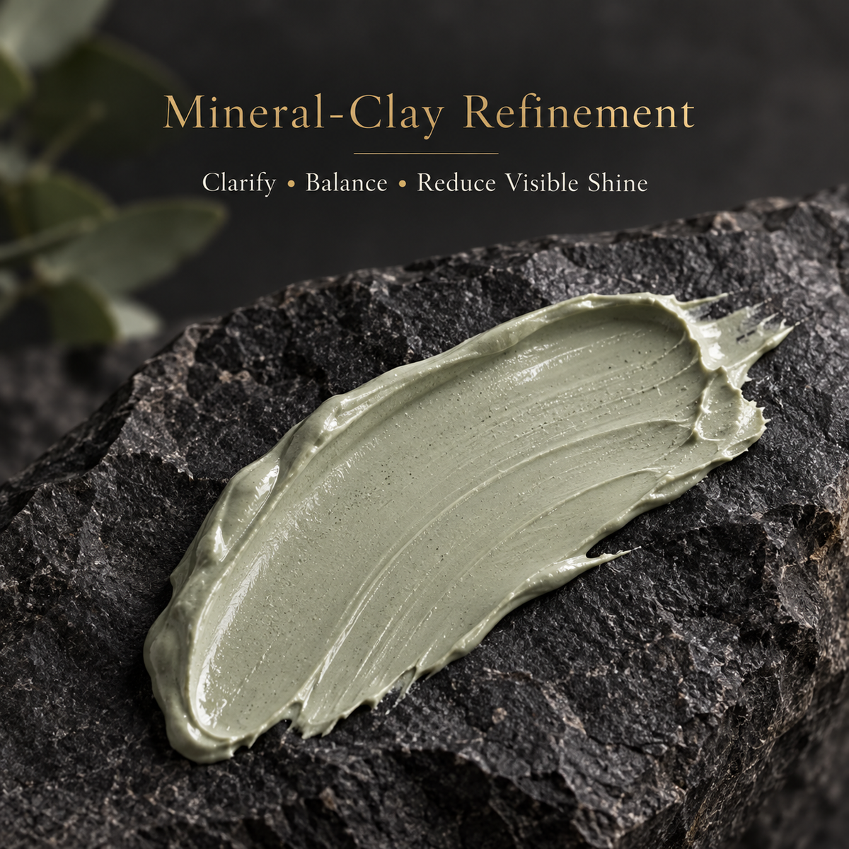 A thick, textured smear of mineral-clay skincare cream in a muted sage green color, presented on a dark textured rock with elegant text overlay at the top reading 'Mineral-Clay Refinement'.