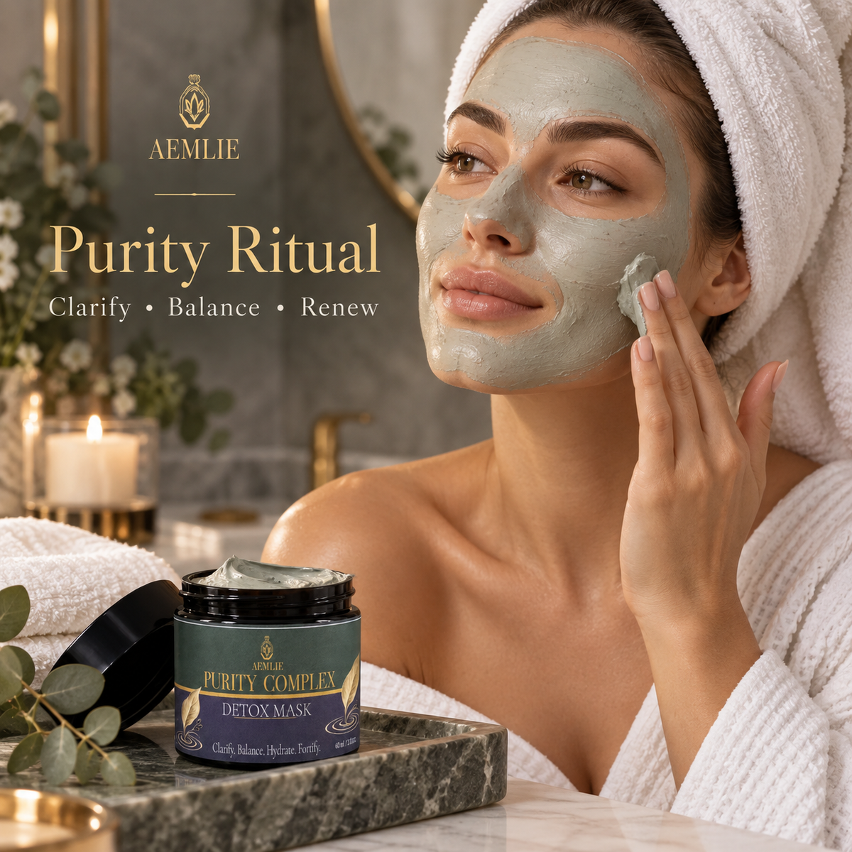 A woman wrapped in a white bath towel applies a gray detox mask to her face while wearing an AEMLIE 'Purity Ritual' jar on a marble tray in a spa-like setting.