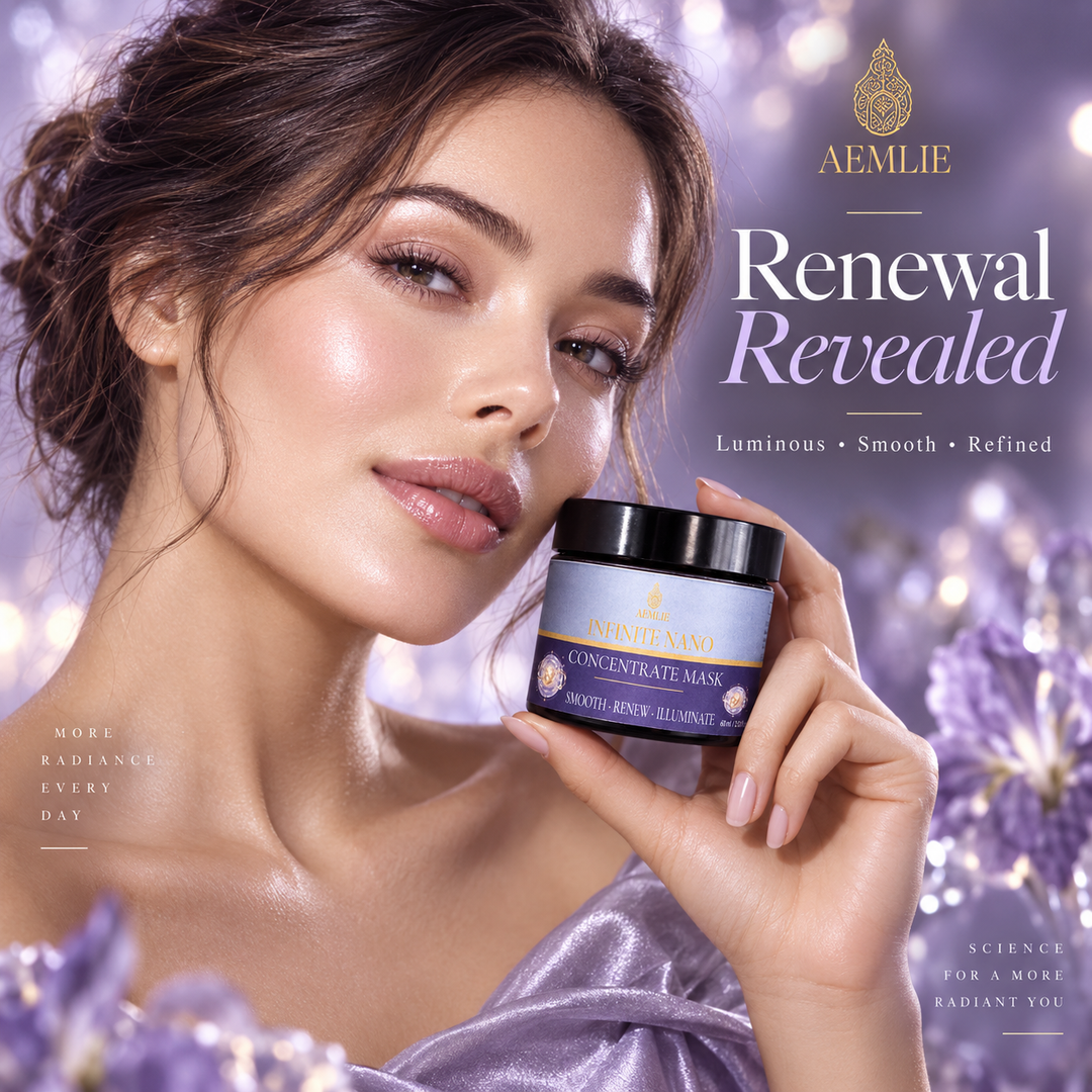 A woman in a lavender satin top holds a jar of Aemlie Renew Revealed Concentrate Mask against a soft purple floral background. The image includes promotional text for the product.