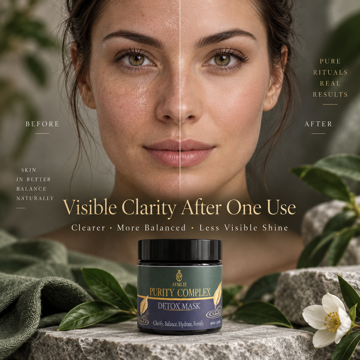 A close-up before-and-after beauty comparison of a woman's face, with the left side showing visible shine and the right side clearer and more balanced. A jar labeled 'Purity Complex Detox Mask' sits at the bottom on a stone surface with green leaves and a white flower.