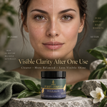 A close-up before-and-after beauty comparison of a woman's face, with the left side showing visible shine and the right side clearer and more balanced. A jar labeled 'Purity Complex Detox Mask' sits at the bottom on a stone surface with green leaves and a white flower.