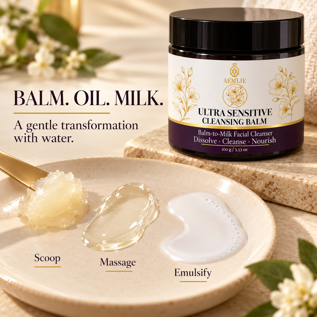 AEMLIE Ultra Sensitive Cleansing Balm balm-to-oil-to-milk texture sequence
