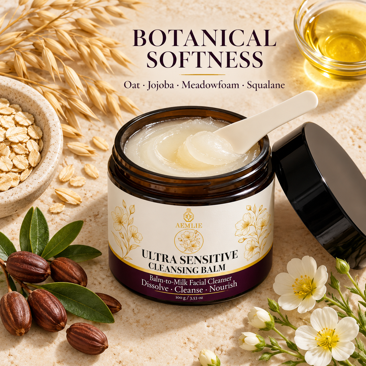 Botanical oils and AEMLIE Ultra Sensitive Cleansing Balm flat lay