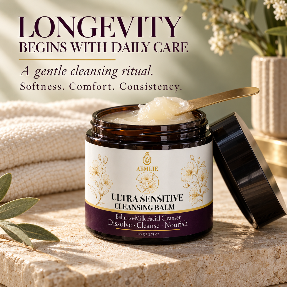 AEMLIE Ultra Sensitive Cleansing Balm morning cleansing ritual in natural light