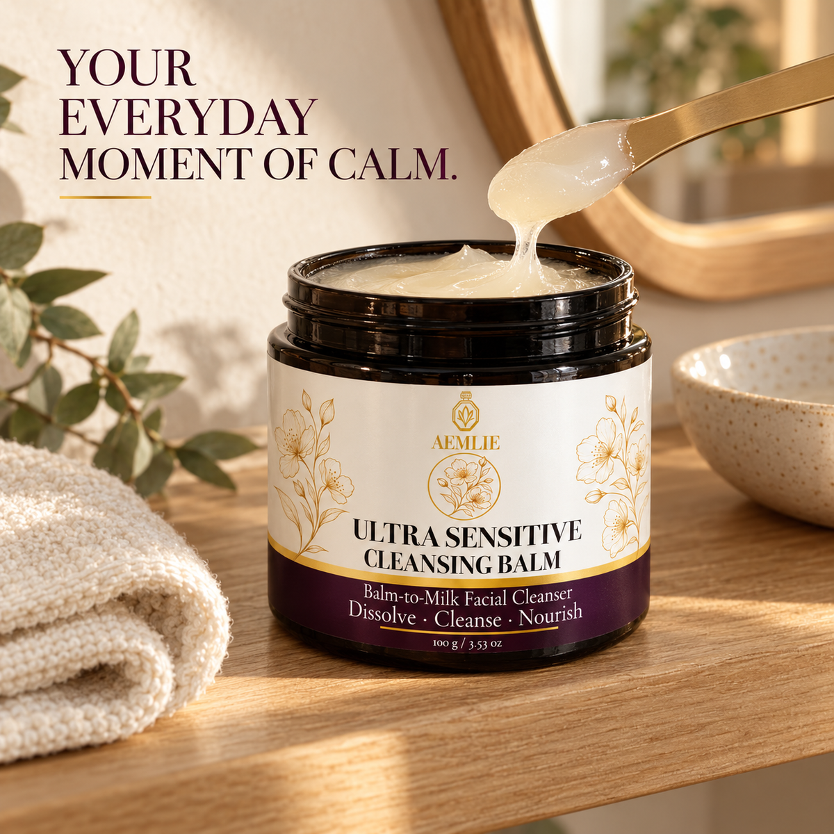 AEMLIE Ultra Sensitive Cleansing Balm on a serene bathroom shelf
