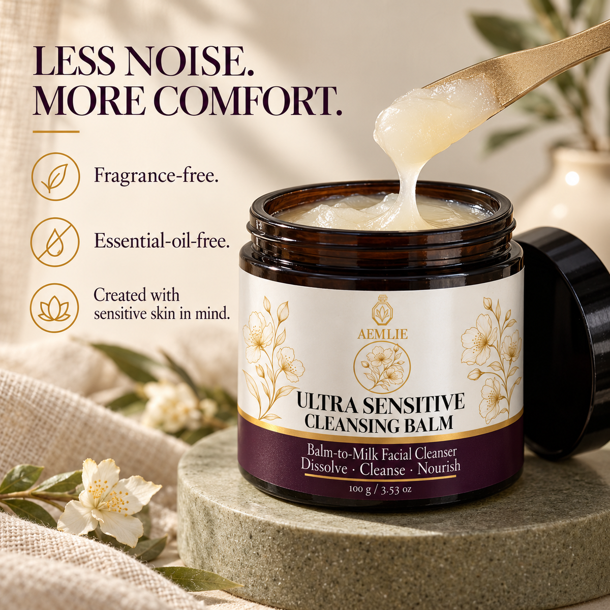 AEMLIE Ultra Sensitive fragrance-free cleansing balm on a sage pedestal