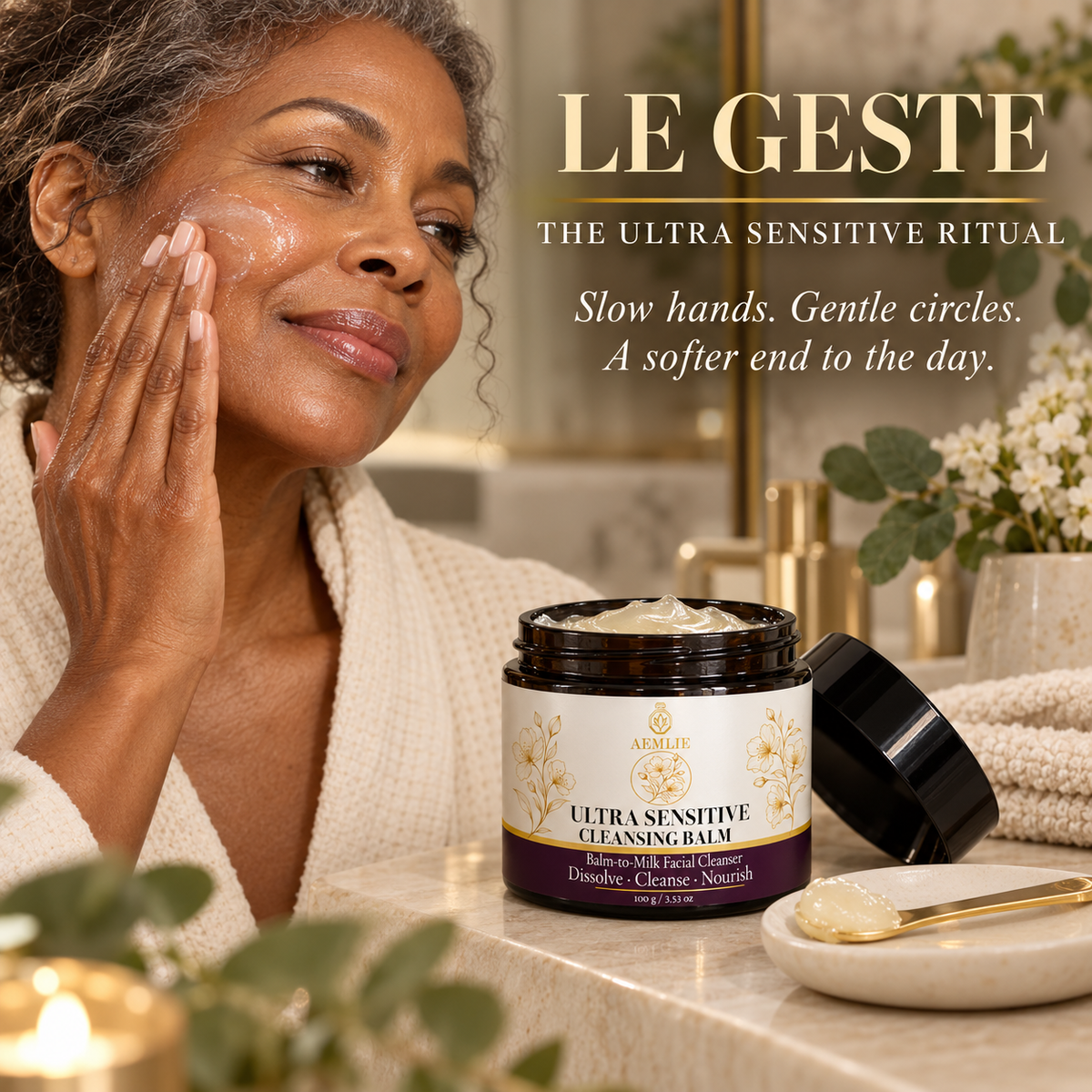 AEMLIE Ultra Sensitive Cleansing Balm gentle ritual in warm light