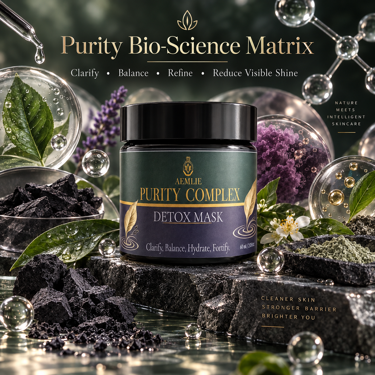 A jar of AEXLIE Purity Complex Detox Mask is centered in a styled skincare scene with herbs, water droplets, glass spheres, and dark botanical pieces. The label reads 'AEXLIE PURITY COMPLEX DETOX MASK' with additional text about clarity, balance, hydration, and fortification.