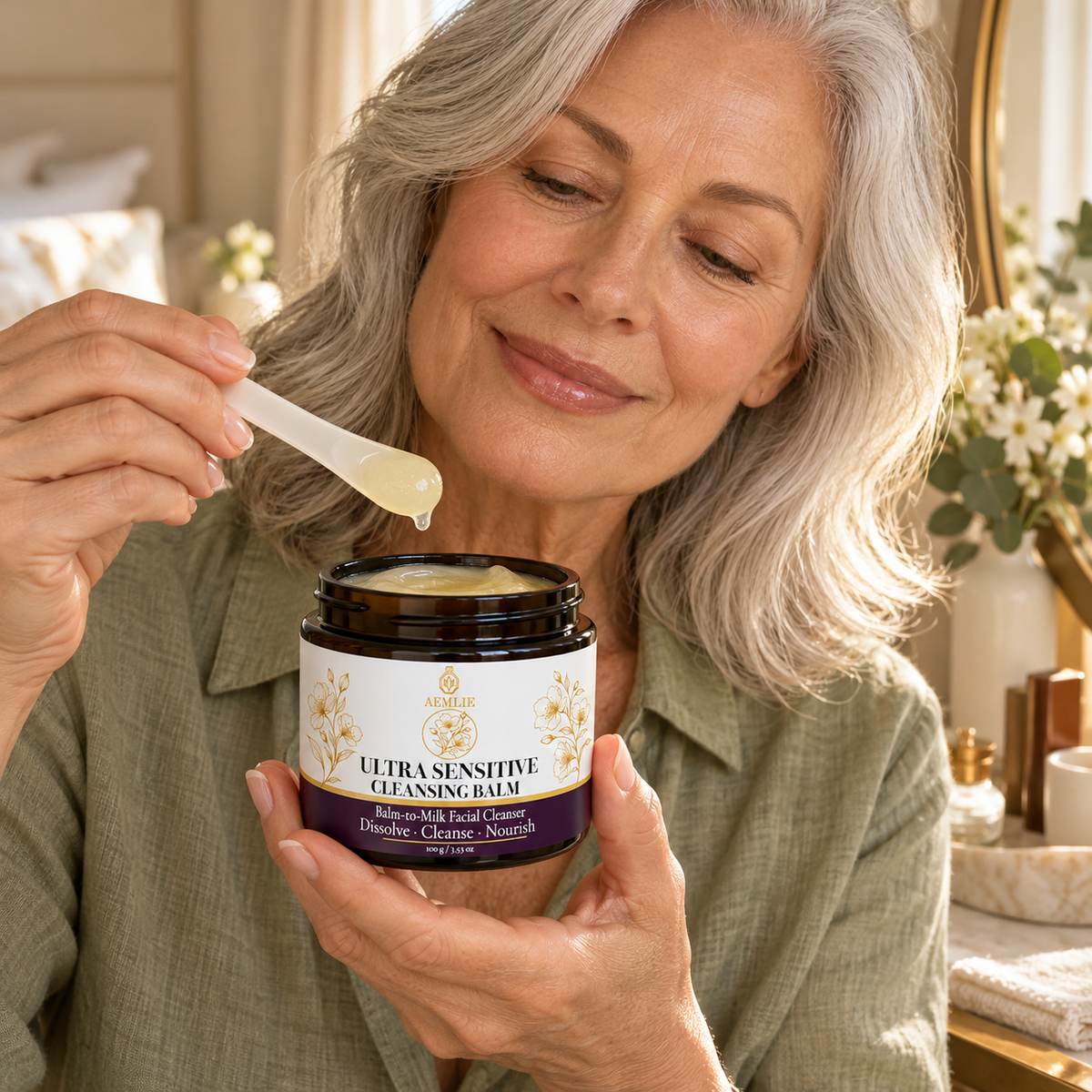Silver-haired woman with AEMLIE Ultra Sensitive Cleansing Balm