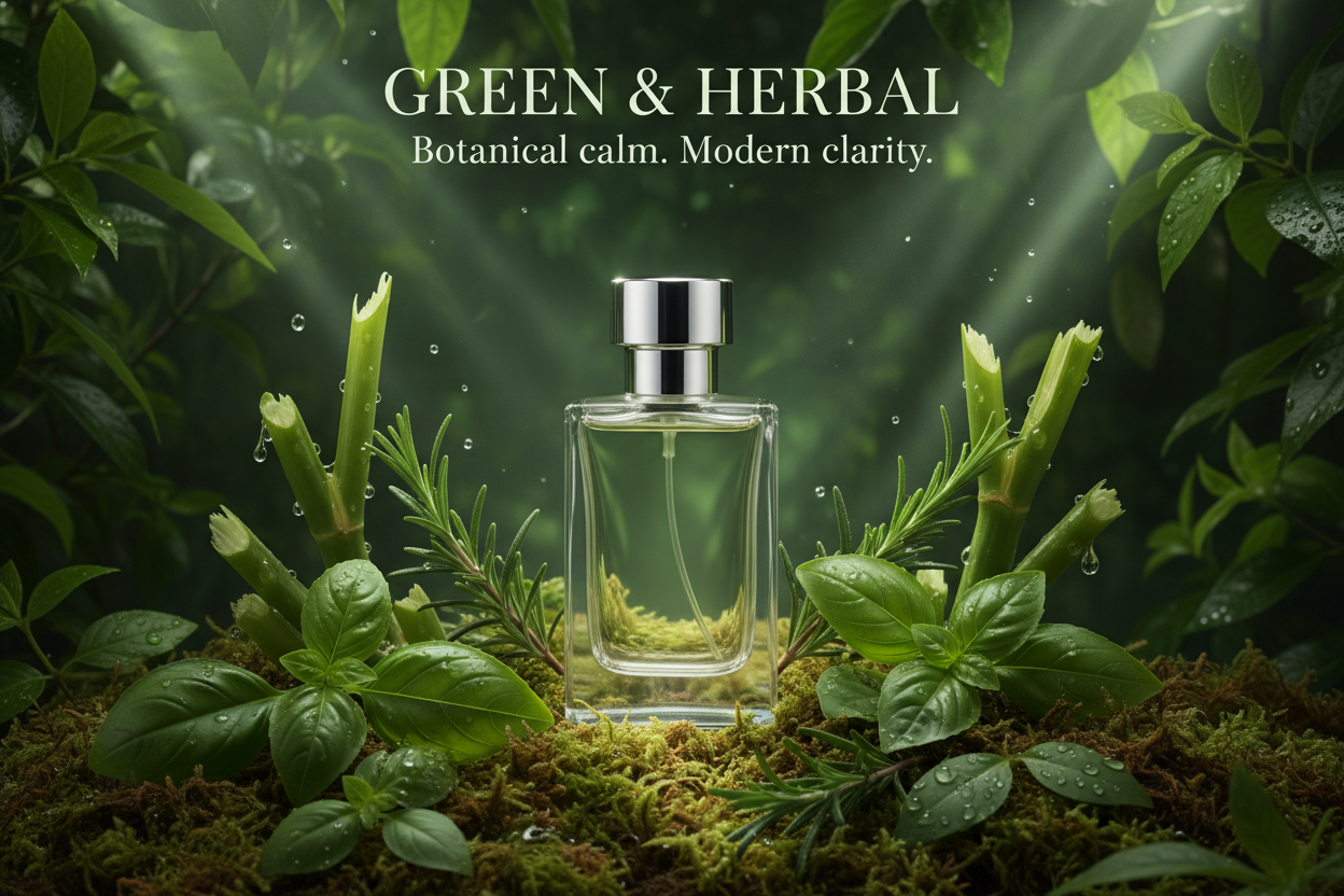A botanical green perfume scene: dew-covered leaves, basil sprigs, rosemary, crushed green stems, cool shade under lush foliage, beams of green-filtered sunlight, moss texture, pale sage and forest-green palette, modern minimalist bottle surrounded by natural greenery, serene spa-like atmosphere. Write in title and tagline - GREEN & HERBAL
"Botanical calm. Modern clarity."