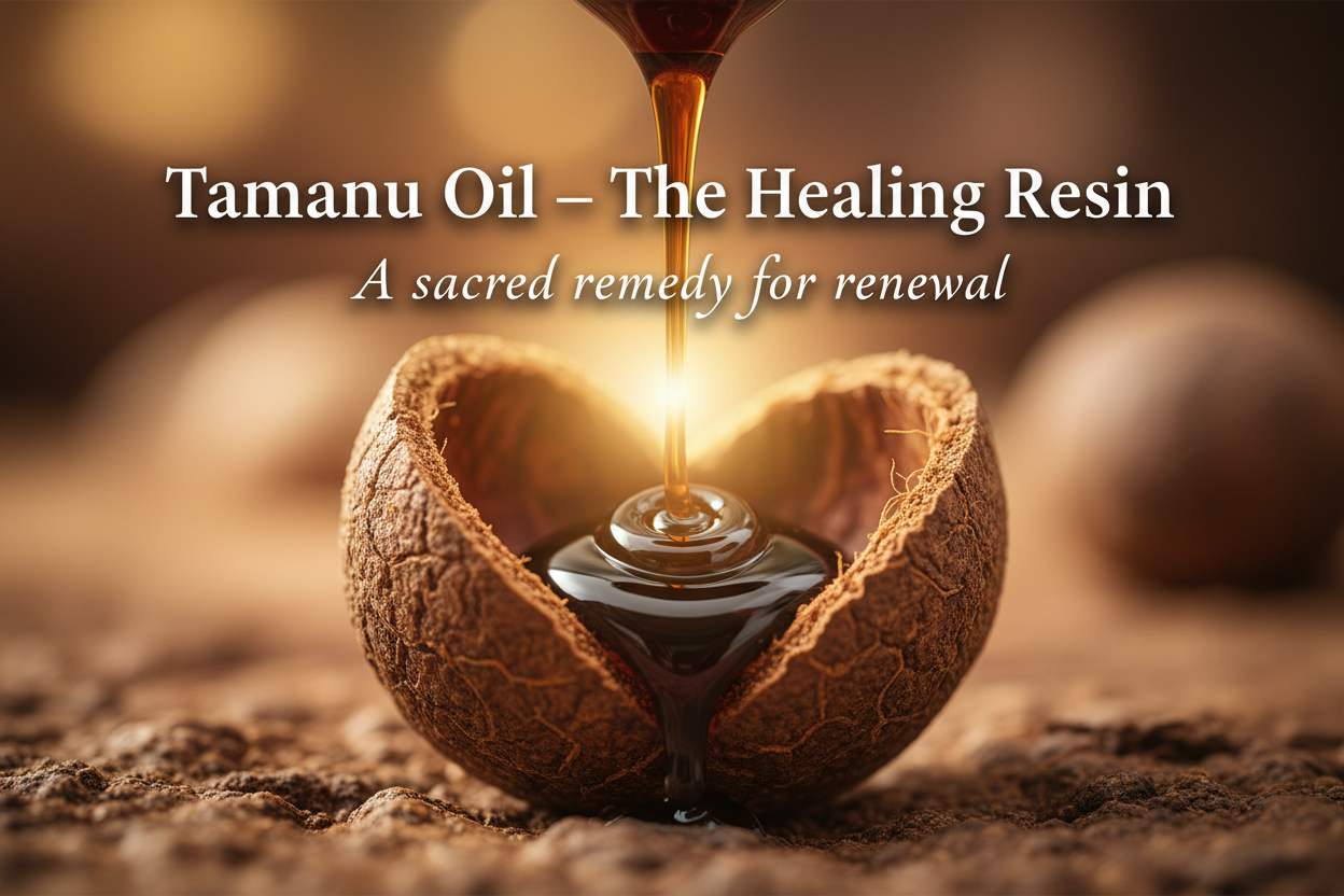 A dark amber drop of oil emerging from a tamanu nut shell, surrounded by warm golden light — evoking organic healing and tradition. write onto image title and tagline - Tamanu Oil – “The Healing Resin”
Tagline: A sacred remedy for renewal.