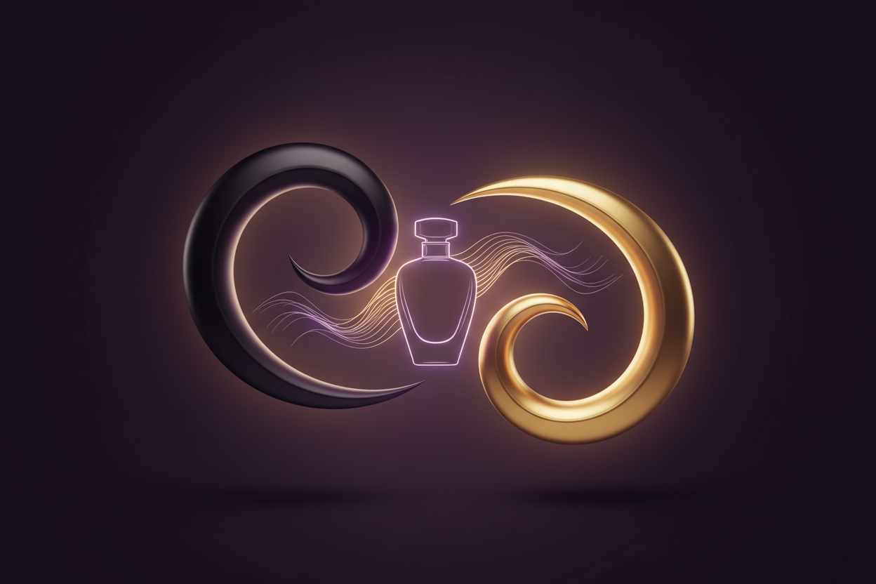 A dark, velvety deep purple gradient background (#2C1341) illuminated with soft gold light accents. A stylized swirl or curl motif in black and another in metallic gold. A minimal luxury product silhouette or curl strands glowing gently in purple-gold ambience. Soft shadows, high-end editorial lighting.