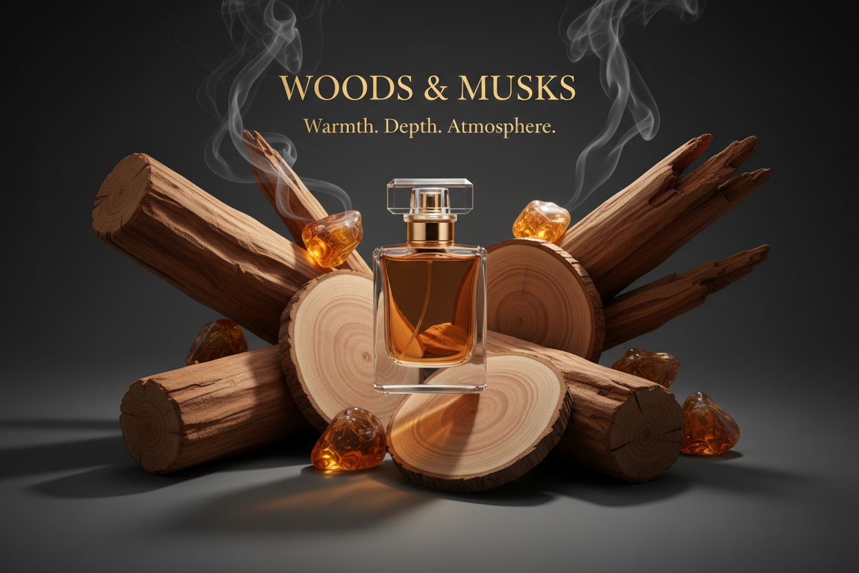 A deep woody fragrance mood: sandalwood logs, smooth cedar slices, amber resin glows, soft smoke rising, dark minimal background, warm gold and earthy brown palette, carved wood textures, luxurious masculine atmosphere, crystal perfume bottle illuminated with soft amber light, dramatic shadows. Write in title and tagline - WOODS & MUSKS
"Warmth. Depth. Atmosphere."