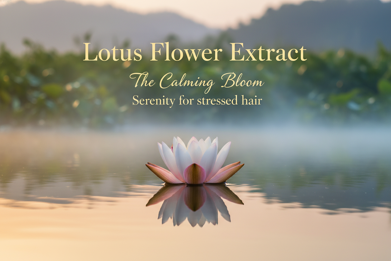 A delicate lotus floating on still water at dawn, with golden reflections — visual metaphor for renewal, calm, and beauty emerging from depth. Write in title and tagline - Lotus Flower Extract – “The Calming Bloom”
Tagline: Serenity for stressed hair.