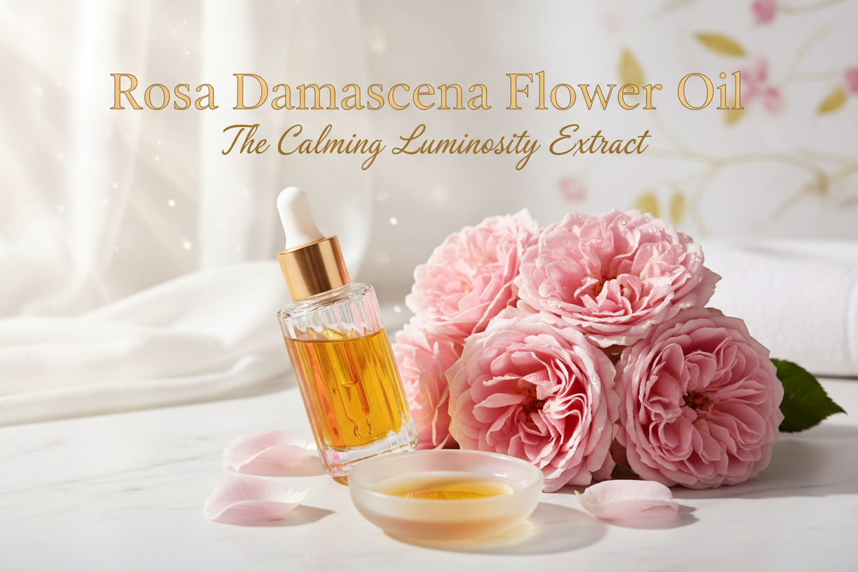 A heritage botanical used for centuries to soothe the skin. Rose oil reduces irritation, hydrates deeply, and enhances the skin’s natural glow. Its soft floral aroma adds a luxurious sensorial layer while calming both skin and senses. Write in title and tagline : Rosa Damascena Flower Oil — The Calming Luminosity Extract