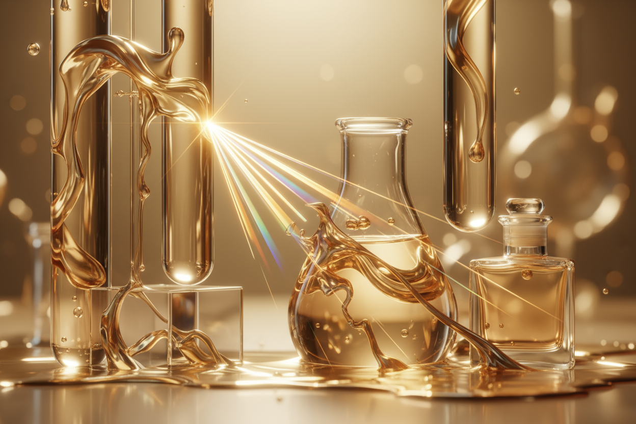 A high-gloss close-up of light refracting through glass and liquid gold — symbolizing science and luxury.