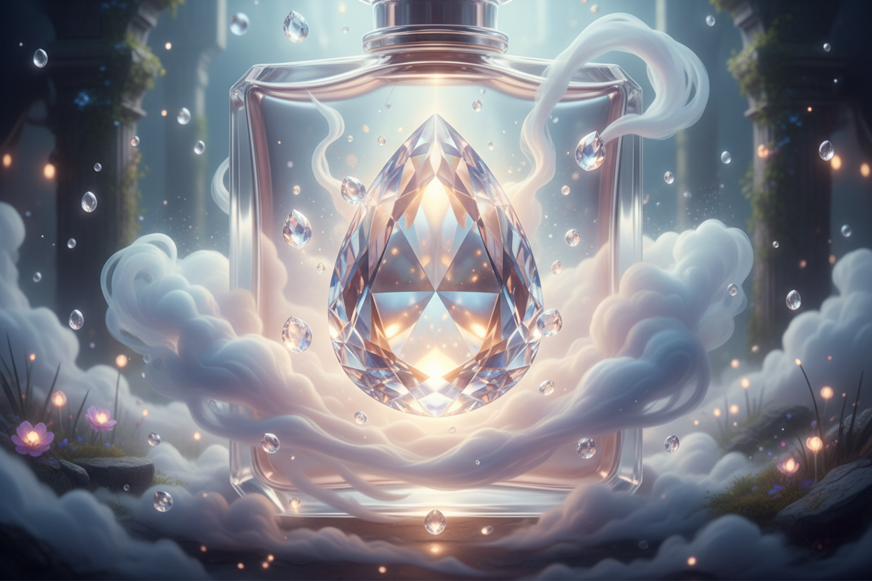 A jewel emitting radiant atmospheric light, floating in mist, artistic, surreal, perfume ad style.