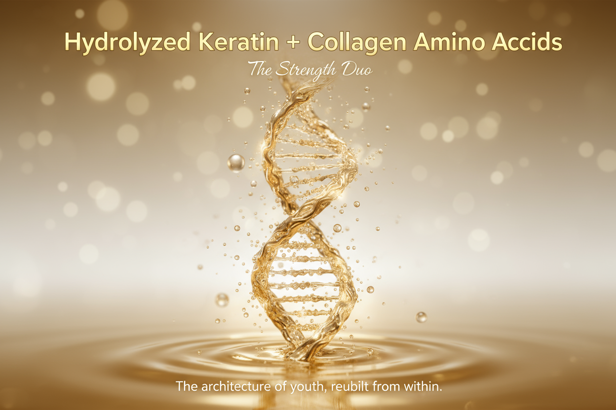 A luminous helix of golden strands intertwining — representing structure, regeneration, and harmony. Write on image title and tagline - Hydrolyzed Keratin + Collagen Amino Acids – “The Strength Duo”
Tagline: The architecture of youth, rebuilt from within.