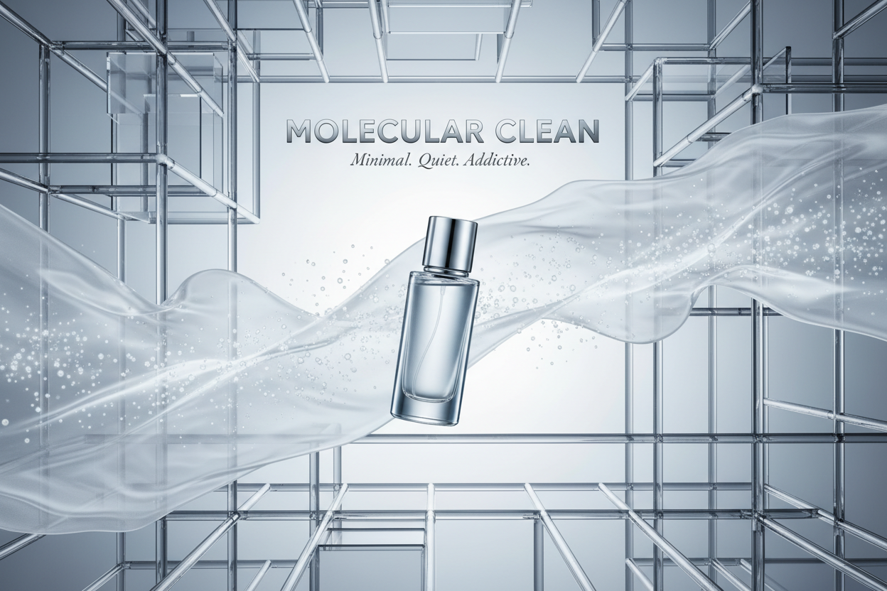 A modern molecular fragrance scene: minimalist glass structures, floating translucent textures, soft white light, clean musks illustrated as glowing particles, futuristic geometry, abstract clean waves, silver and ice-blue palette, ultra-minimal luxury design, perfume bottle suspended in airy purity. Write in title and tagline - MOLECULAR CLEAN
"Minimal. Quiet. Addictive."