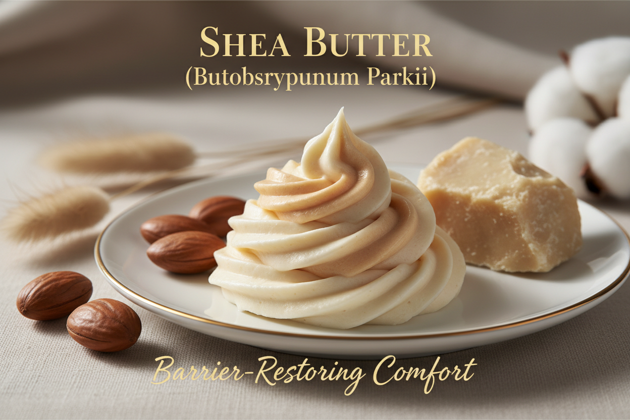 A restorative, cushiony emollient that replenishes the skin’s moisture barrier. Shea butter brings immediate relief to dryness and protects against environmental stressors, making skin feel supple and comforted.  Write in title and tagline: Shea Butter (Butyrospermum Parkii) — Barrier-Restoring Comfort