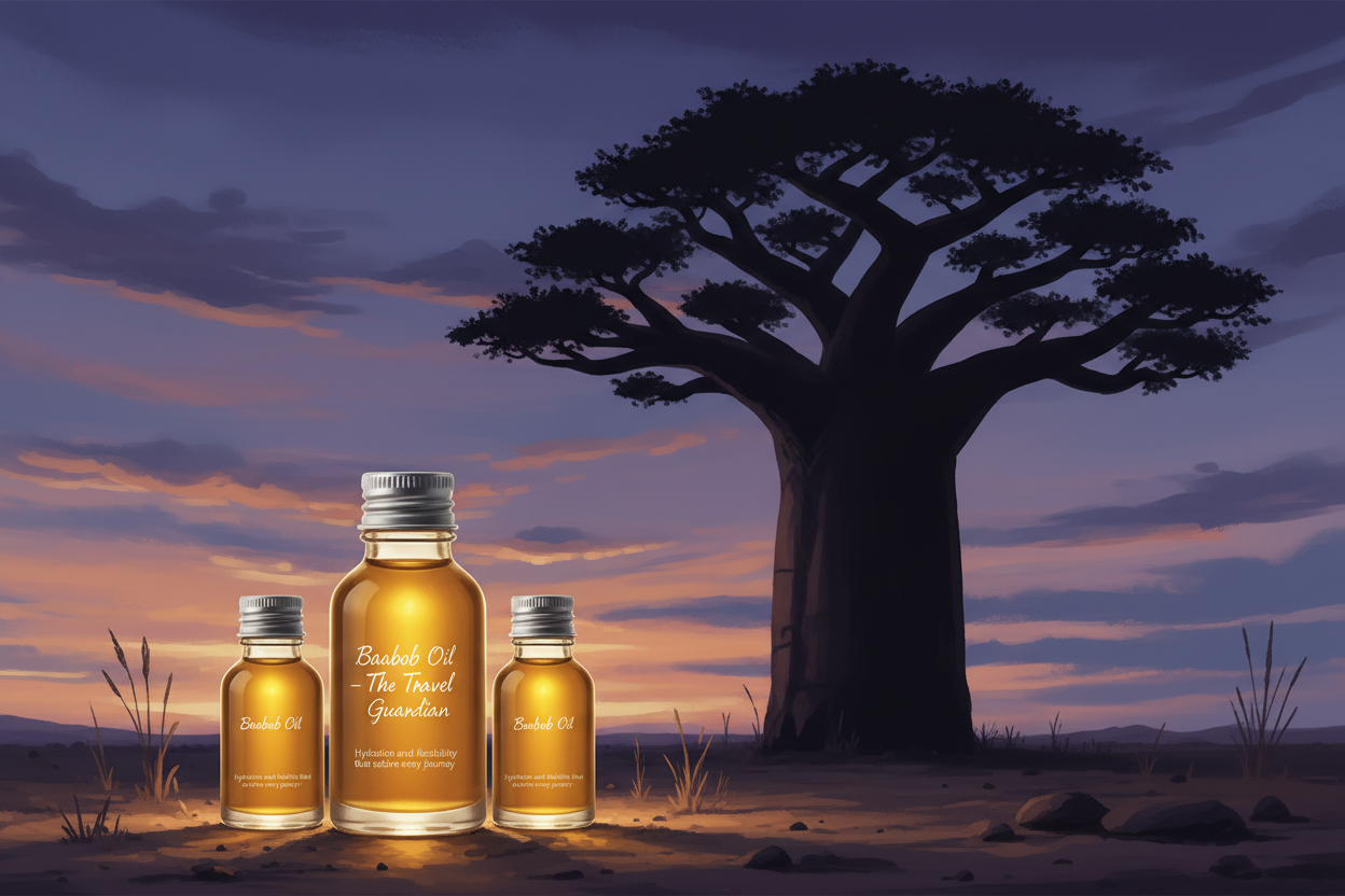 A silhouette of a baobab tree under twilight sky beside three gleaming mini bottles — endurance and grace in motion. Write in title and tagline - Baobab Oil – “The Travel Guardian”
Tagline: Hydration and flexibility that endure every journey.